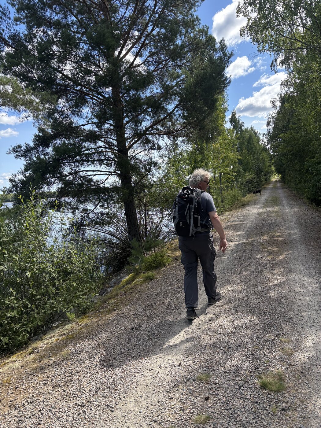 Johannes läuft auf dem geraden Schotterweg direkt am Wasser entlang