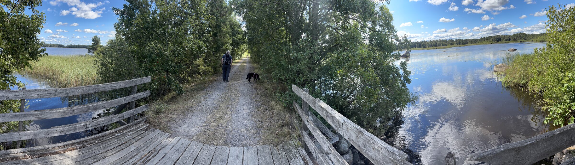 Weites Panorama vom Steg aus: Wasser links und rechts, in der Mitte der Weg mit Johannes und Lucy