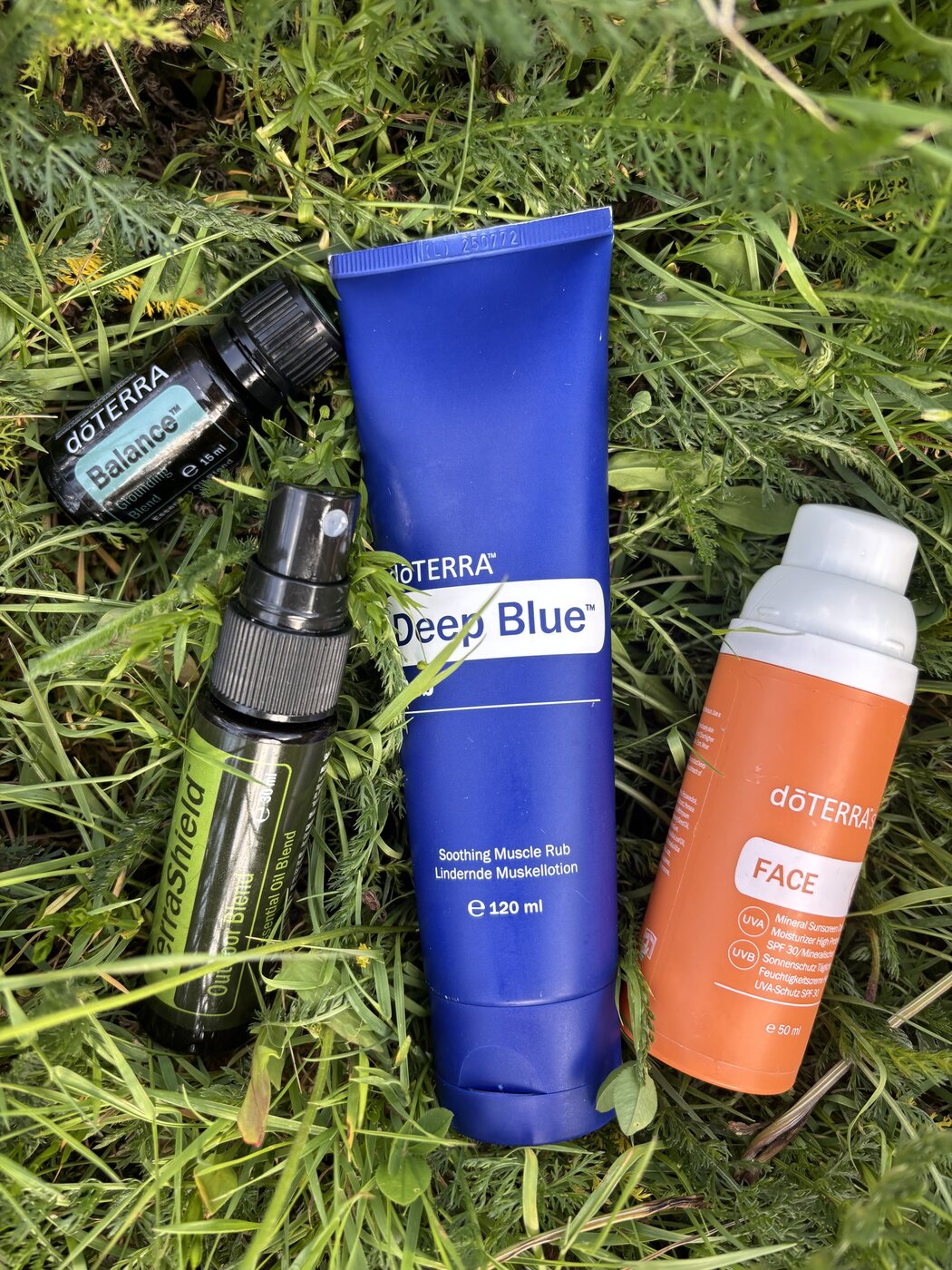 Balance, TerraShield, Deep Blue und Sonnenschutz liegen nebeneinander im Gras